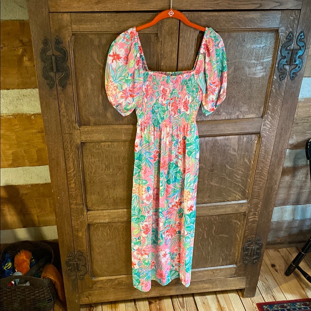 NWT Lilly Pulitzer Selah Short Sleeve Smocked Midi Sundress, Sz Small